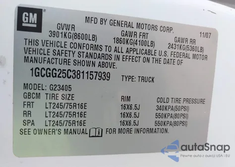 2008 Chevrolet Express Work Van z USA, uszkodzony, nr VIN 1GCGG25C381157939